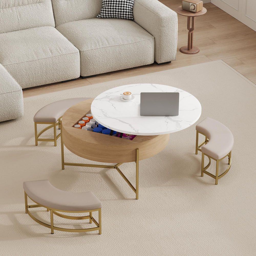 31.5 in. W Natural Round MDF Lift-Top Set of Coffee Tables with Storage, 3 Ottomans