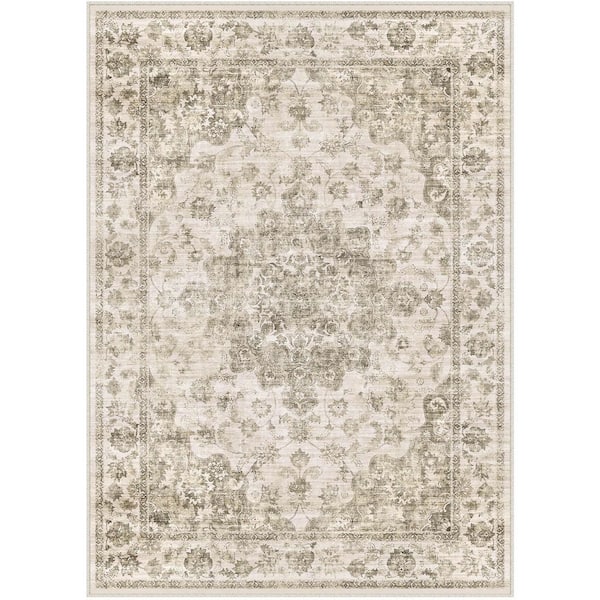 HaiiMeid Juliet Taupe 5 ft. x 7 ft. Vintage Washable Medallion Distressed Area Rug