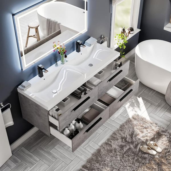 Eviva Surf 57 in. W x 20 in. D x 21.5 in. H Bathroom Vanity in Cement Gray with White Acrylic Top with White Sink