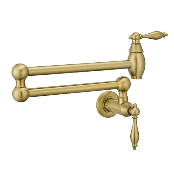 2 Handle Wall Mounted Pot Filler with Double Joint Swing Arms Brass Single Hole Folding Kitchen Faucets in Brushed Gold