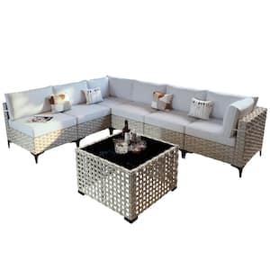 Apollo 7-Piece Wicker Outdoor Patio Conversation Seating Set with Gray Cushions