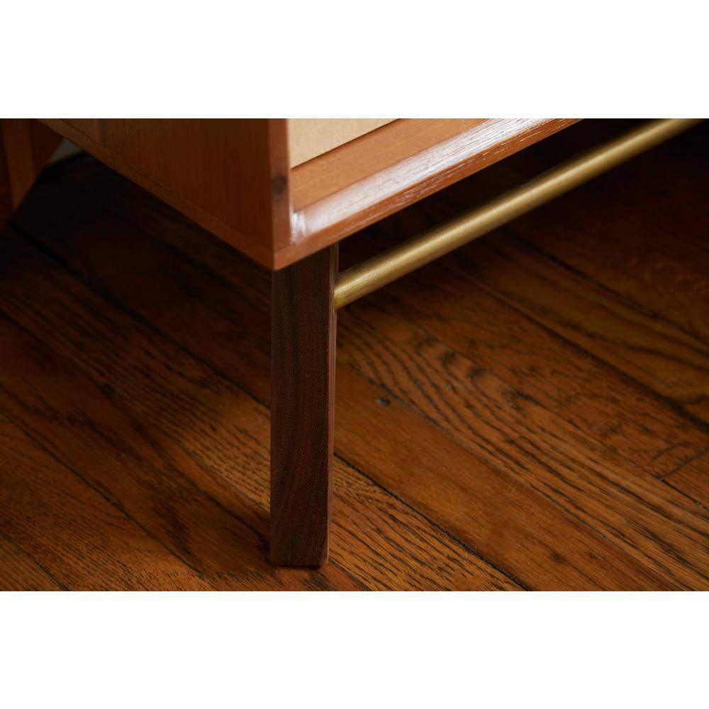 Walnut Acacia Wood Nightstand with Brass Handle and Shelf
