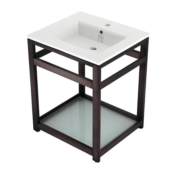 Kingston Brass 25 in. Ceramic Console Sink (1-Hole) with Stainless Steel Base in Oil Rubbed Bronze