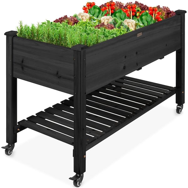 48 in. x 24 in. x 32 in. Wood Raised Garden Bed with Lockable Wheels, Liner in Black