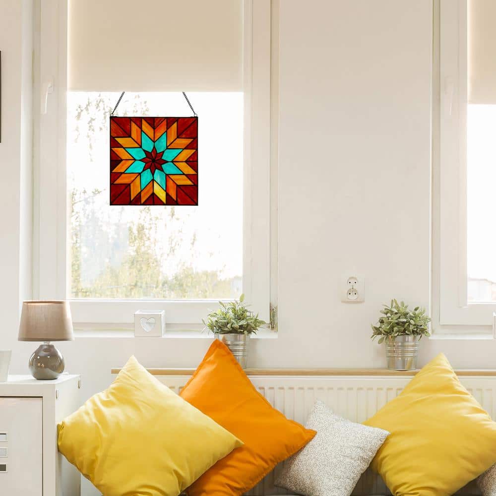 Bold Geometric Floral Stained Glass Window Panel in Red, Teal, and Orange