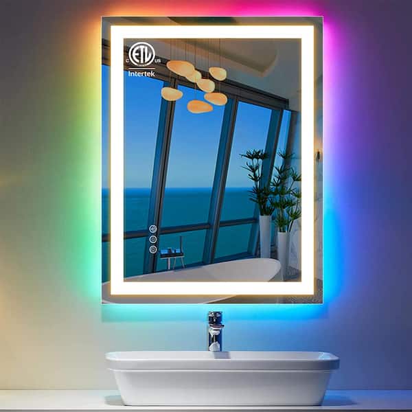 Apmir 20 in. W x 28 in. H Rectangular Frameless RGB Backlit LED Front Lit Anti-Fog Tempered Glass Wall Bathroom Vanity Mirror