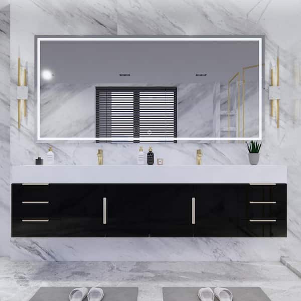 Bethany 84 in. W x 20 in. D x 22 in. H Double Sink Floating Bath Vanity in Gloss Black with White Acrylic Top