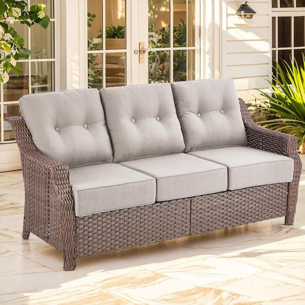 Modern Farmhouse 3-Seat Brown PE Wicker Outdoor Couch with 6 in. Olefin Beige Cushions/Wide Armrest