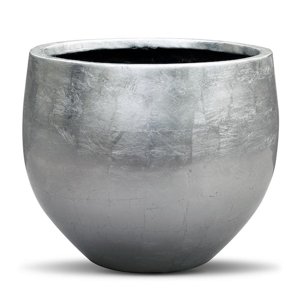 Vasesource 13.6 in. x 15.4 in. x 15.4 in. FiberStone Silver Leaf Lacquer Pot
