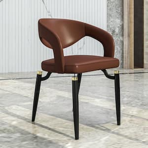 Entice Modern Dining Chairs Upholstered Leather Seat Curved Back With Black Iron Legs in Brown