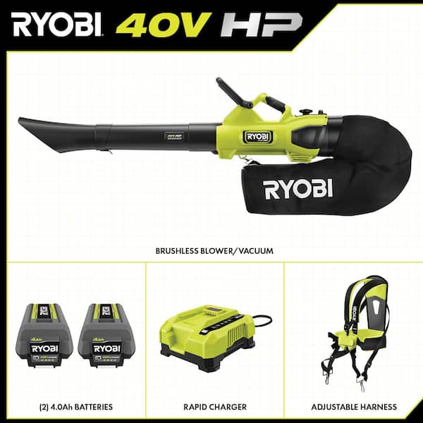 RYOBI 40V HP Brushless 100 MPH 600 CFM Cordless Leaf Blower/Mulcher/Vacuum with (2) 4.0 Ah Batteries and Charger