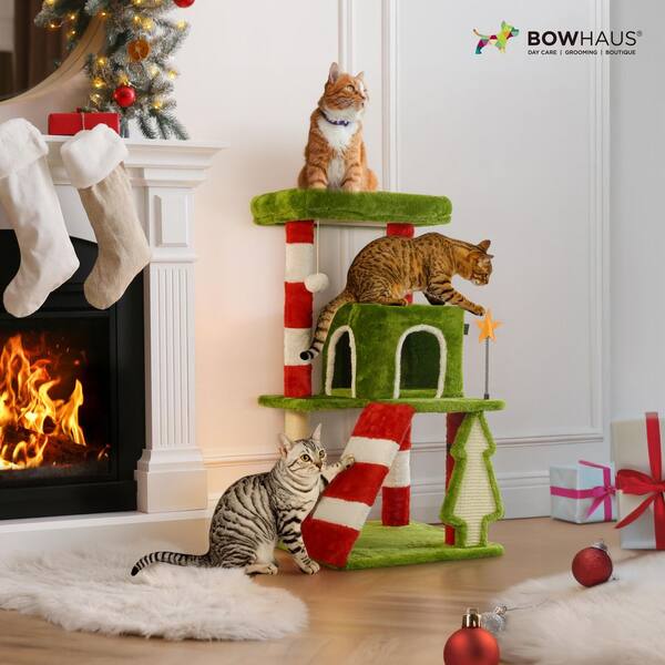 BOWHAUS Indoor Christmas Cat Tree with Scratching Post, Hammock, Play Ball & Cave Condo, Christmas Decoration