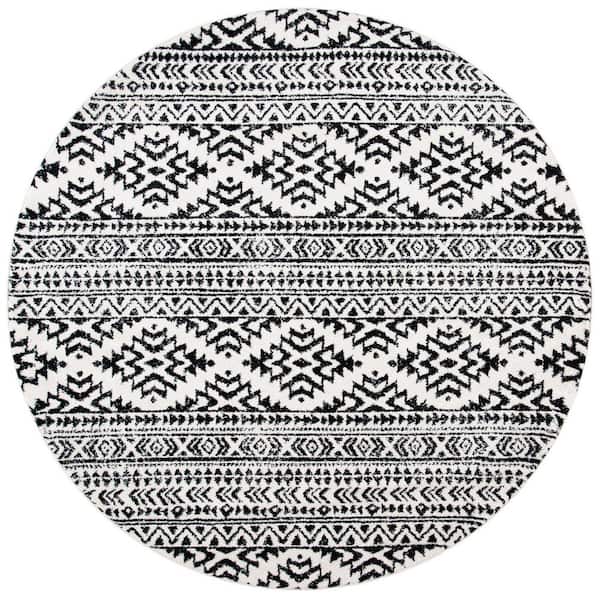 SAFAVIEH Tulum Ivory/Black 5 ft. x 5 ft. Round Tribal Geometric Striped Area Rug