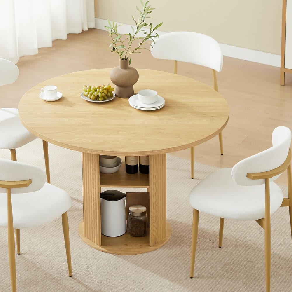 Set of 3 Natural Finish 31.5 in. W Round Dining Table Set with 2 Chairs and Double Storage Shelf