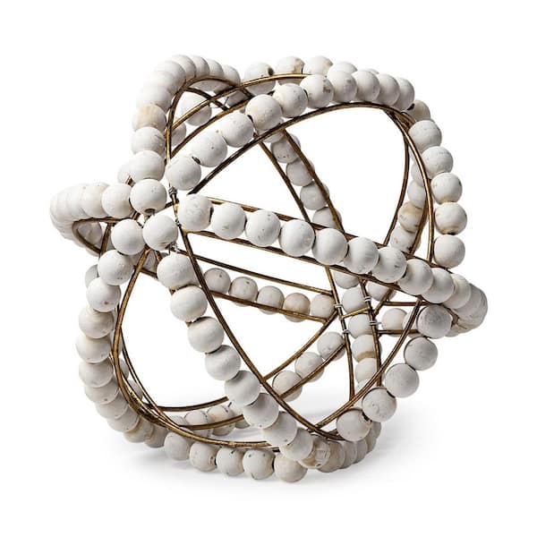 HomeRoots 12 in. White White Wood Bead and Gold Orb Sculpture