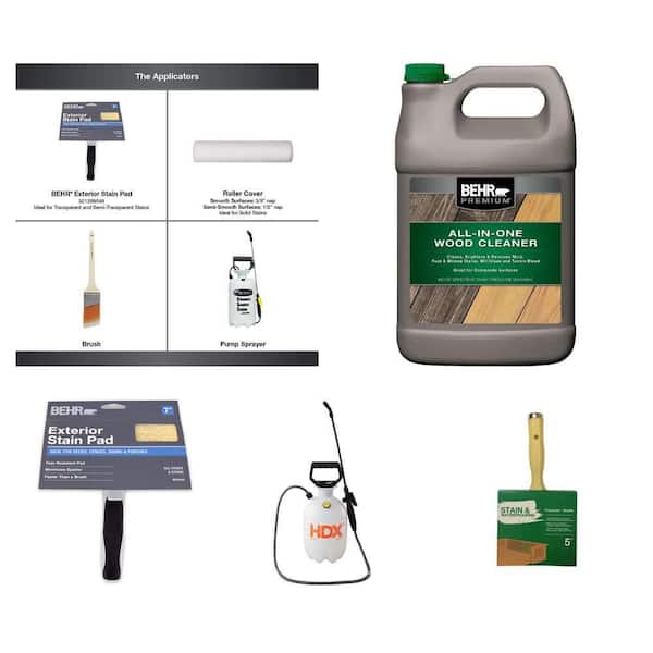 1 Gallon Pump Sprayer, 1 gal. Cleaner, 7 in. Stain Pad, 1 gal. Cedar Wood Stain, and 5 in. Flat Brush Deck Care Kit