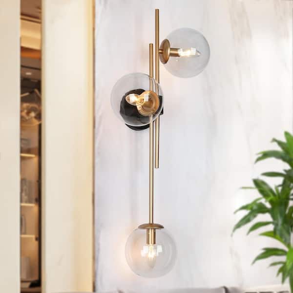 LNC 30 in. 3-Light Black Gold Modern Vanity Light Classic Linear Wall Sconce with Clear Glass Globes for Hallway/Powder Room
