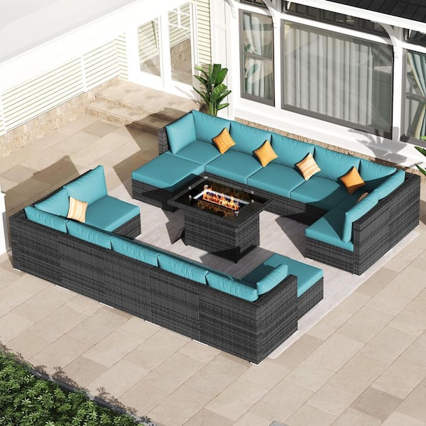 FINCATI 15-Piece Outdoor PE Wicker Patio Furniture Deep Seating Conversation Set with Fire Pit Table, Teal Cushion, Ottoman
