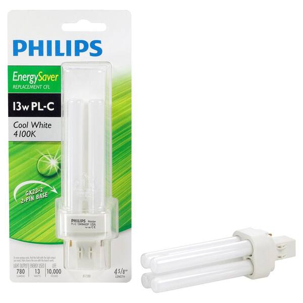 2 PHILIPS Energy Saver Replacement CFL 13W PL-C Cool White 4100K Light Bulb New 