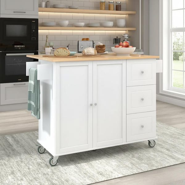 Farmhouse White Wood 52.76 in. Drop Leaf Rolling Storage Kitchen Island Cart with 3-Drawer and 2-Door