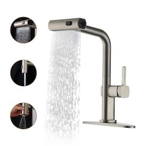 Single Handle Pull Out Sprayer Kitchen Faucet with 3 Functions Spray, 360° swivel Deckplate Included in Brushed Nickel