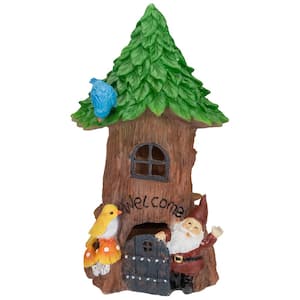 14 in. Solar Lighted Welcome Gnome Tree House Outdoor Garden Statue