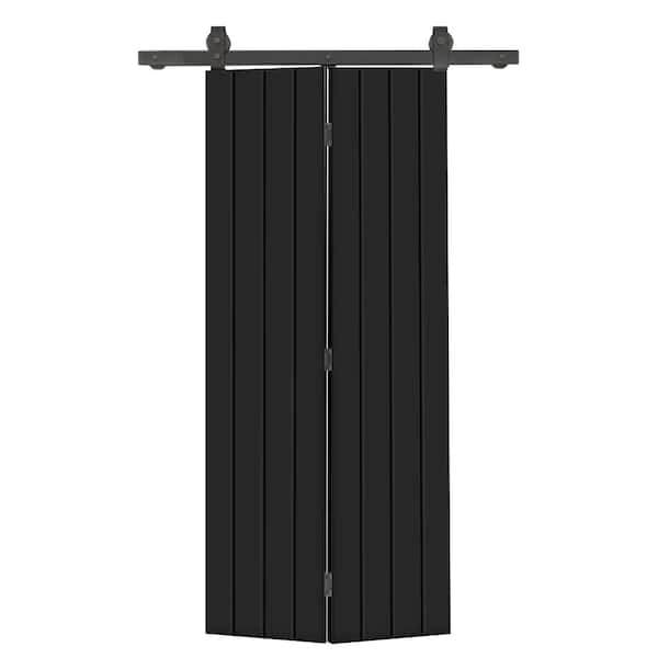CALHOME 24 in. x 80 in. Hollow Core Black Painted MDF Composite Bi-Fold Barn Door with Sliding Hardware Kit