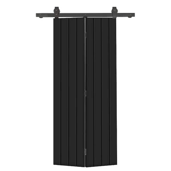 CALHOME 26 in. x 80 in. Hollow Core Black Painted MDF Composite Bi-Fold Barn Door with Sliding Hardware Kit