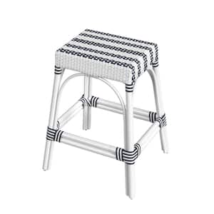 Robias 24.5 in. White and Navy Stripe Backless Rectangular Rattan Counter Stool (Qty 1)