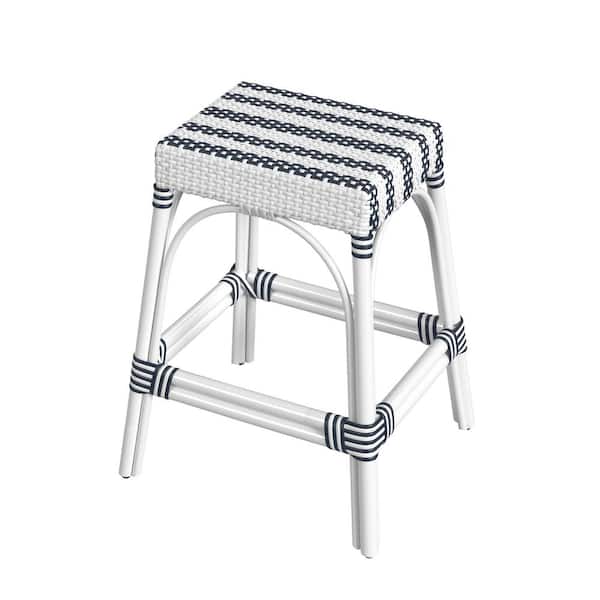 Butler Specialty Company Robias 24.5 in. White and Navy Stripe Backless Rectangular Rattan Counter Stool (Qty 1)