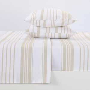 4-Piece Beige Stripe 100% Turkish Cotton King Ultra-Soft Flannel Sheet Set