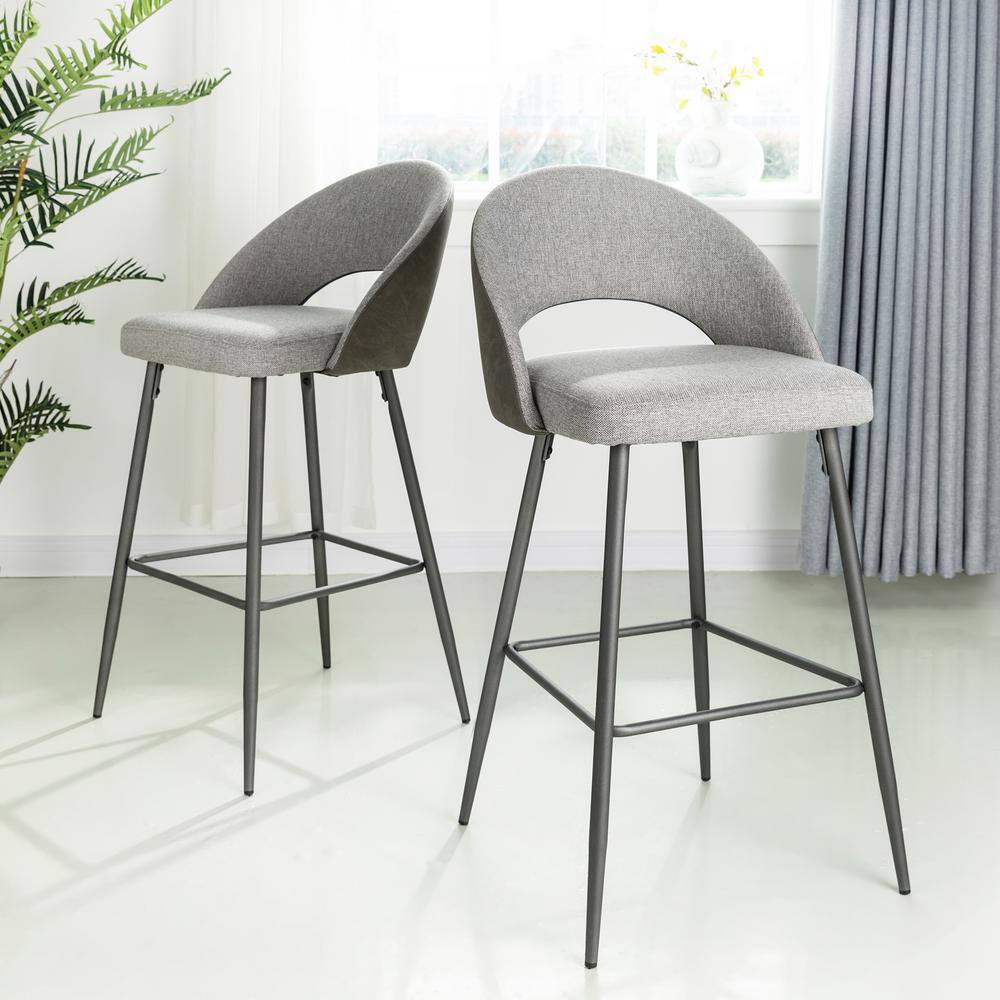 Contemporary Dark Gray Leatherette Barstool with Matte Metal Legs, Set of 2