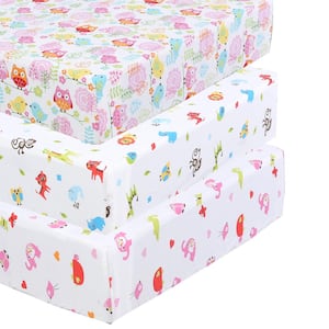 3-Piece Owls Birds Zoo Animals Heart Pink Colorful Cotton Crib/Toddler Fitted Sheets