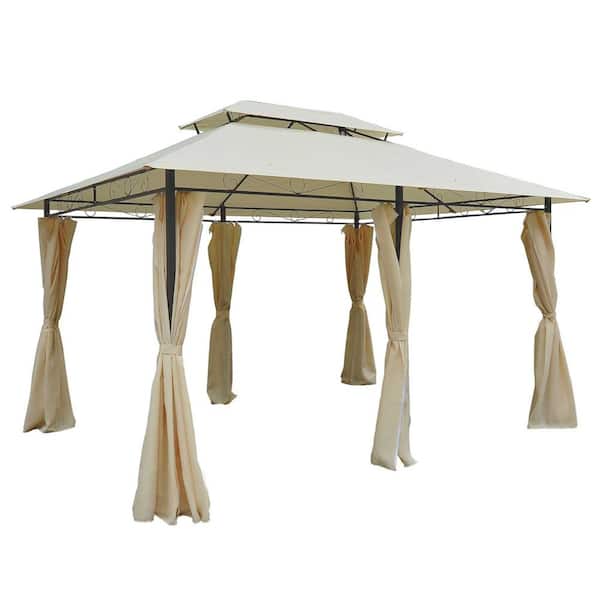 9.8 ft. x 13.1 ft. Beige Metal Double Roof Outdoor Patio Gazebo Canopy with Curtains for Lawn Deck Garden