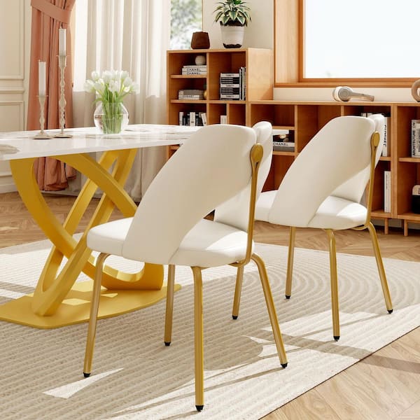 Set of 2 Modern White PU Leather Dining Chairs with Gold Stainless Steel Legs