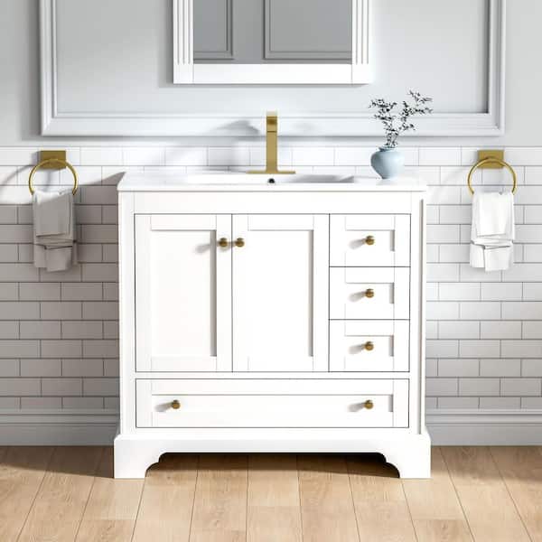 36 in. White Solid Wood Bath Vanity with White Ceramic Top, Soft-Close Doors and Drawers Dovetail, Unassembled
