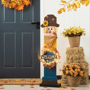 42 in. H Fall Lighted Wooden Scarecrow Porch Decor with Wreath