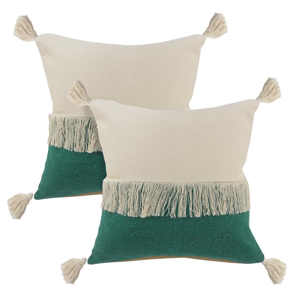 Carnival Green/Ivory Fringed Tasseled 20 in. x 20 in. Indoor Throw Pillow S