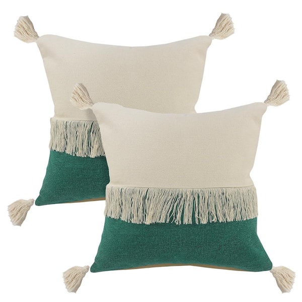Unbranded Carnival Green/Ivory Fringed Tasseled 20 in. x 20 in. Indoor Throw Pillow Set of 2