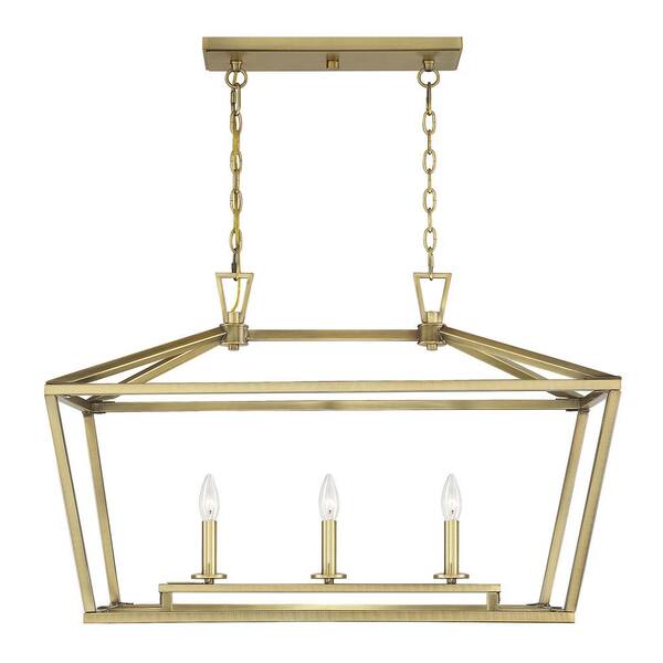 Savoy House Townsend 32 in. W x 21 in. H 3-Light Warm Brass Linear Chandelier with Metal Cage Frame