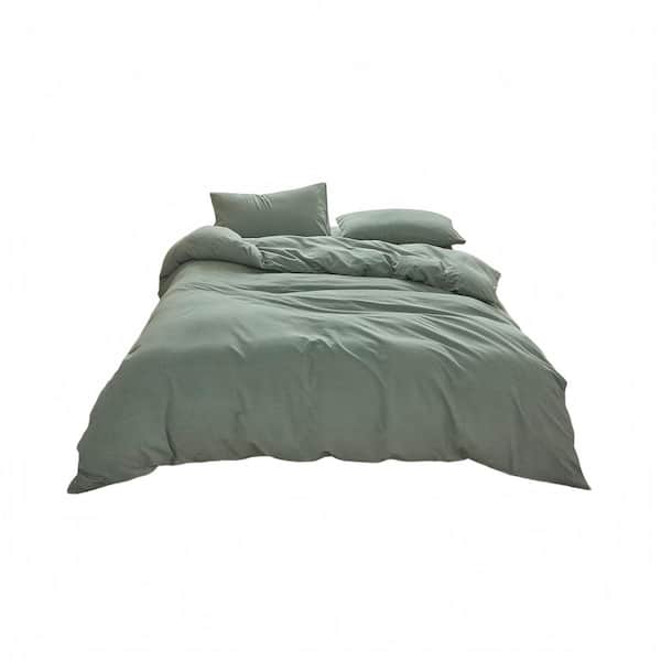 Reversible Green 3-Piece Duvet Cover Set ,100% Washed Cotton Duvet Cover Set, Linen-Like Texture, Queen Size