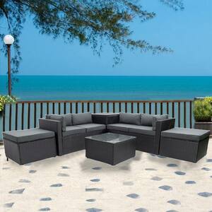 6-Piece Wicker Patio Conversation Set with Gray Cushions and Storage Box