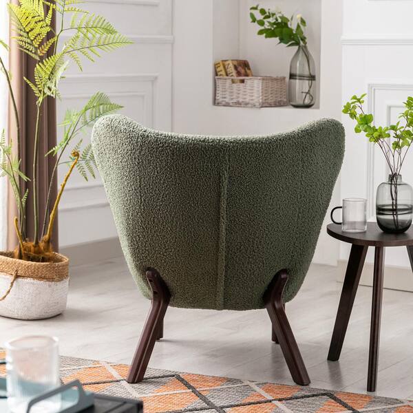 Polibi 30.7 in. W Modern Seaweed Green Lambskin Sherpa Wingback Tufted Side Chair with Solid Wood Legs