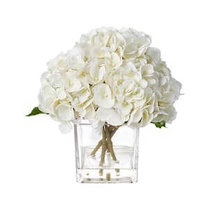 12in Faux White Hydrangeas Fake Flowers Artificial Silk Hydrangea Flower With Vase for Home decor