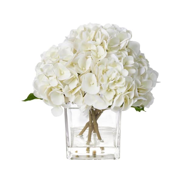 12in Faux White Hydrangeas Fake Flowers Artificial Silk Hydrangea Flower With Vase for Home decor