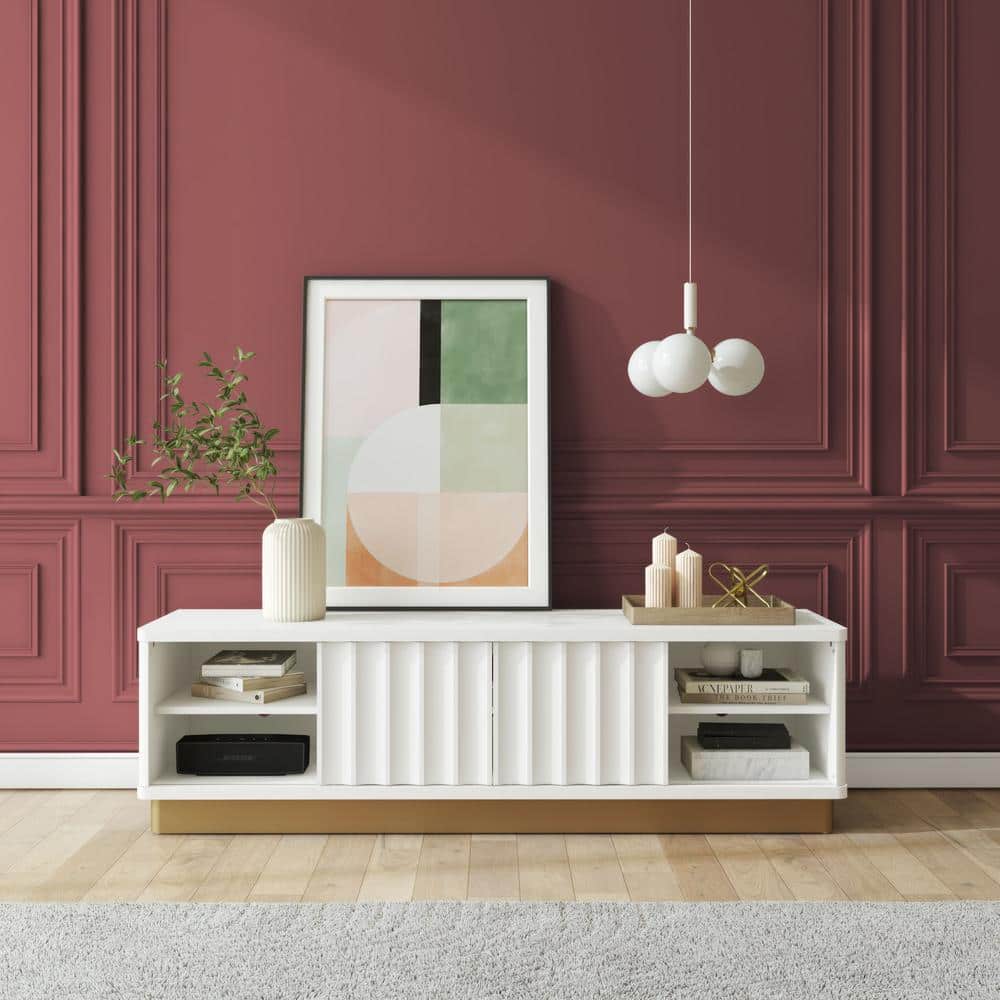 Glossy White and Golden Bronze Modern TV Stand with Cabinet