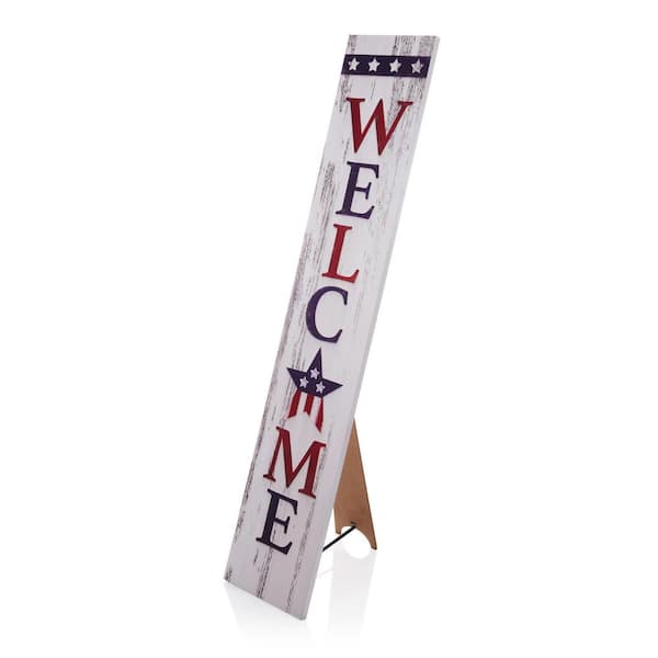 Alpine Corporation 48 in. H Indoor/Outdoor Wooden American Porch "Welcome" Sign, Red/White/Blue