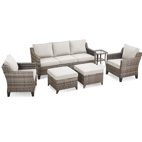 6-Piece Wicker Patio Conversation Set, Ergonomics Outdoor Chairs with Beige Cushions, Curved handrail