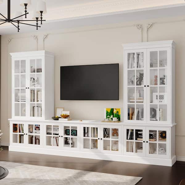White Wood 125.2 in. Buffet Pantry Cabinet with Glass Doors, Adjustable Shelves and Multi-Functional Storage for Kitchen