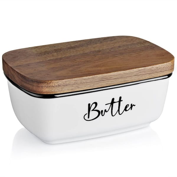 White Ceramic Butter Dish with Acacia Wood Lid, Countertop Keeper Holds 2 Sticks, Rustic Kitchen Decor